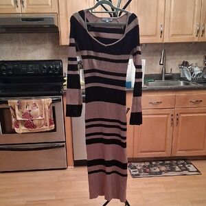 Baltic Born Black and Taupe Striped Knit Maxi Dress